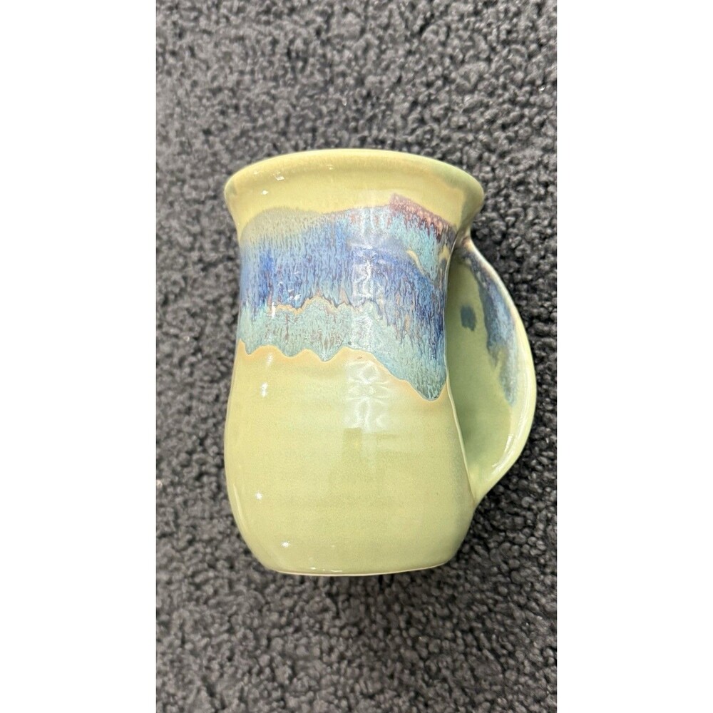 Neher Clay In Motion Pottery Mug Hand Warmer Right-Handed Blue Green Signed 2010